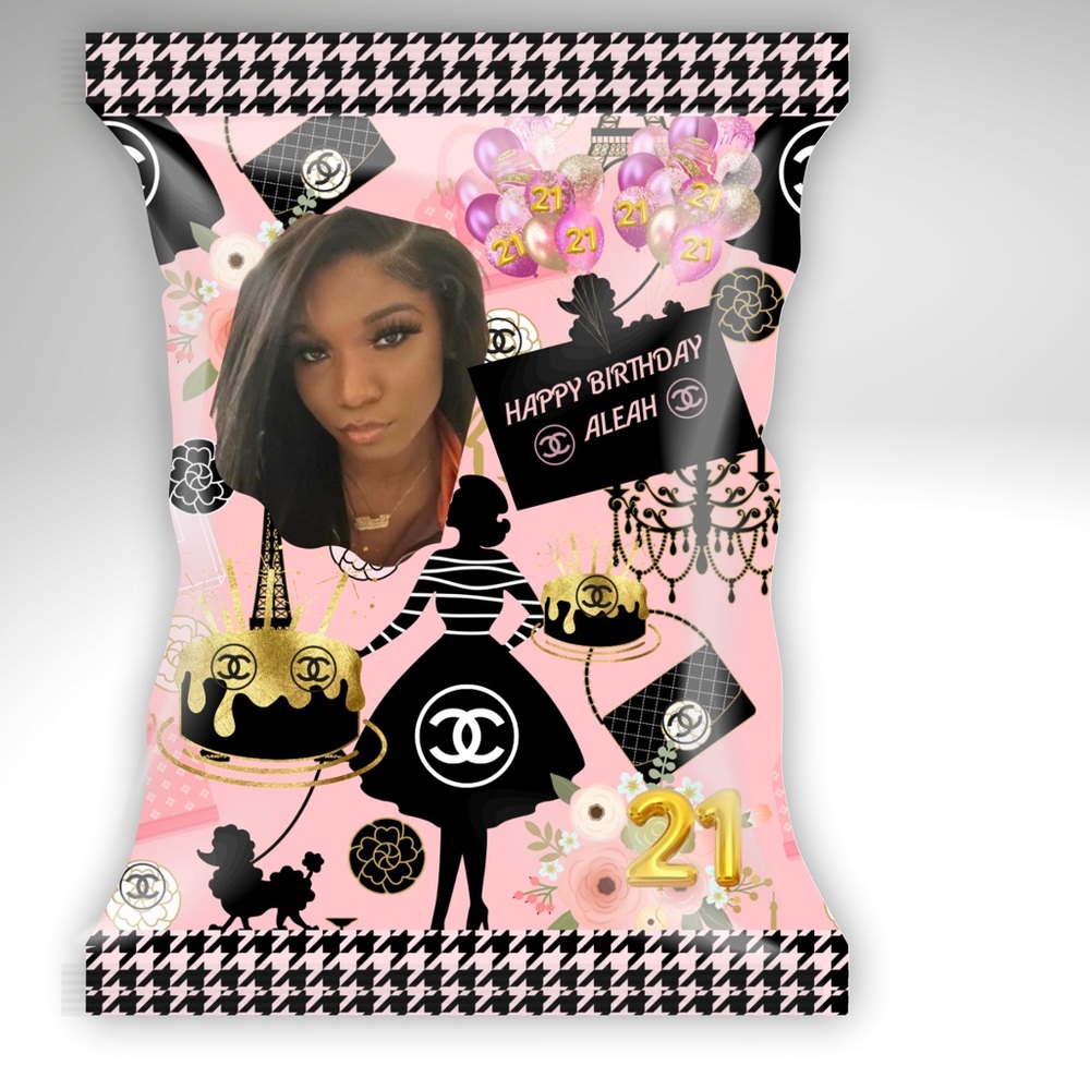 Birthday Party Favor Chip Bag and Hershey Candy Bar Chanel Theme Set